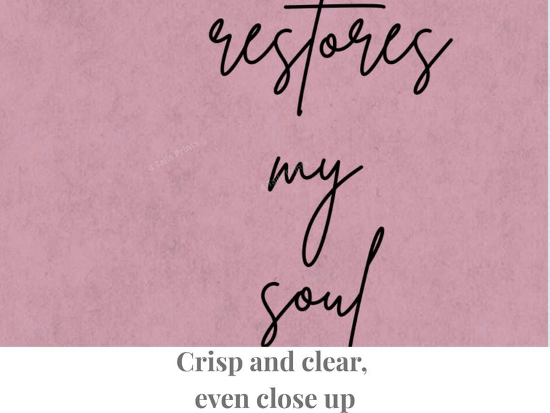 A dusty rose pink wall art print featuring the black cursive text "restores my soul" centered on the page. The design has a matte, textured appearance with clean, legible lettering that stands out against the solid colored background.
