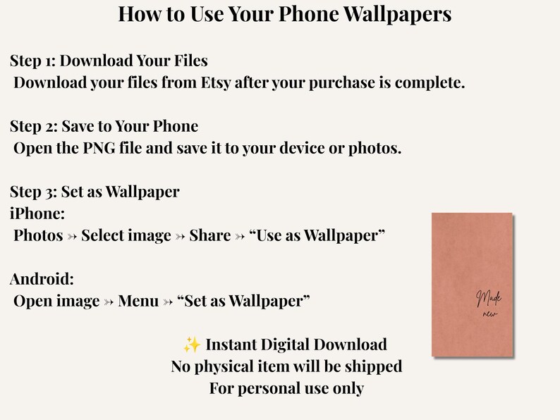 An instructional guide titled How to Use Your Phone Wallpapers with steps for downloading, saving, and setting a digital image as a background on iPhone and Android devices, featuring a small preview of a terracotta-colored phone wallpaper.