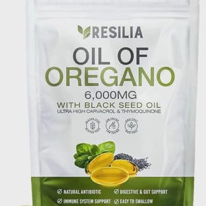 May include: A white pouch of Resilia Oil of Oregano 6,000mg dietary supplement with black seed oil. The packaging features green text, illustrations of oregano leaves and black seeds, three circular icons, and 60 softgels listed at the bottom.