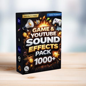 Puede incluir: Una caja negra con el texto "GAME & YOUTUBE SOUND EFFECTS PACK 1000+". El diseño incluye un megáfono, monedas, un mando de juegos y notas musicales. Las palabras "ROYALTY FREE" y ".WAV FORMAT" también son visibles.