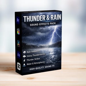 May include: A black box featuring the text "THUNDER & RAIN SOUND EFFECTS PACK" with a stormy landscape and lightning bolt graphic. The box lists sound effects like rain ambience and thunder strikes. Software icons are on the side.