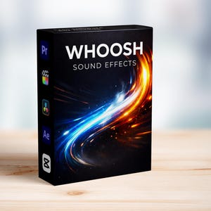 May include: A black box with the text "WHOOSH SOUND EFFECTS" in white. The box features a dynamic design with blue and orange streaks. Icons for video editing software are on the left side of the box.
