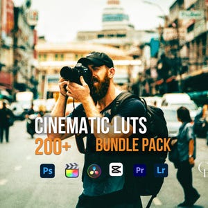 May include: A person holding a black camera in an outdoor setting. The image includes the text "CINEMATIC LUTS 200+ BUNDLE PACK" with icons for Photoshop, Premiere Pro, and other editing software.