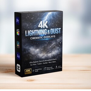 May include: A black box displaying "4K LIGHTNING & DUST CINEMATIC OVERLAYS" with a lightning graphic. The box includes icons for video editing software and the words "Ultra HD". It rests on a wooden surface.