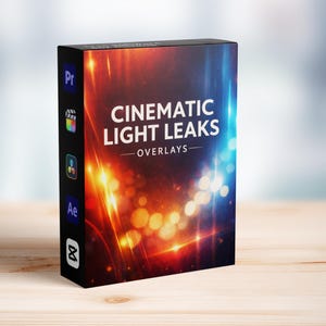 Könnte beinhalten: Eine schwarze Box mit dem weißen Schriftzug "CINEMATIC LIGHT LEAKS OVERLAYS". Die Box hat ein farbenfrohes Design mit orangefarbenen, roten und blauen Lichteffekten. Symbole für Videoschnittsoftware sind ebenfalls zu sehen.