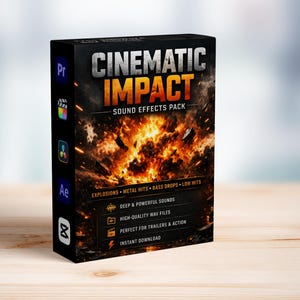 May include: A black box with the title "CINEMATIC IMPACT SOUND EFFECTS PACK" in orange and white. The box features a fiery explosion graphic. Additional text includes "EXPLOSIONS, METAL HITS, BASS DROPS, LOW HITS" and "DEEP & POWERFUL SOUNDS".