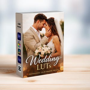 May include: A product box featuring a couple embracing, with the text "Wedding LUTs" and "Professional Color Grading Presets." The box has icons for video editing software and is set on a wooden surface.