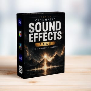 Op de afbeelding: Een zwarte doos met de woorden "PREMIUM CINEMATIC SOUND EFFECTS PACK" in witte en gouden letters. De doos toont een berglandschap met een geluidsgolfafbeelding. De woorden "EPIC • IMMERSIVE • POWERFUL" staan ook afgebeeld.