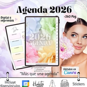 Puede incluir: Una agenda digital 2026 en una tableta, con un diseño floral en colores pastel. El texto "Agenda 2026" es prominente. Texto adicional incluye "Digital e imprimible" y "Más que una agenda."