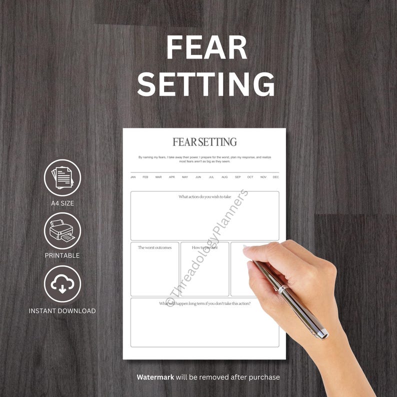 Fear Setting Worksheet, Printable A4 Size, Mindset & Self Growth Tool ...