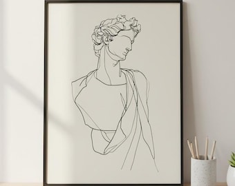 Póster minimalista de dios griego: estatua de una línea en blanco y negro, descarga digital