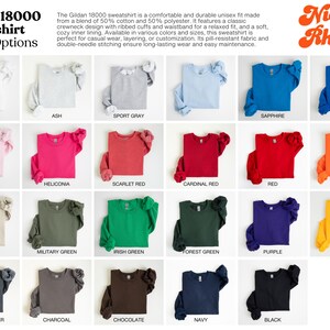May include: A selection of Gildan 18000 sweatshirts in a range of colours, such as white, ash, sport grey, sapphire, royal, light pink, and others. The image features the text "Gildan 18000 Sweatshirt Color Options" and the brand name "Nicolai Rhodes."