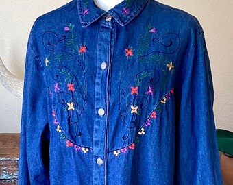 Vintage Ozark Embroidered Floral Denim Shirt - 100% Cotton - Western Jean Top - Dark Wash - Metal Buttons - Southwestern Prairie - Large