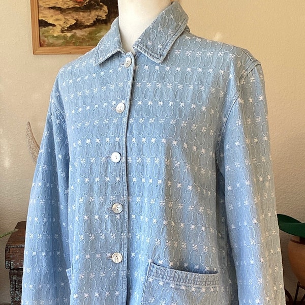 Vintage Chambray / Denim Embroidered Duster / Jacket - 100% Cotton / Light Stone Wash - Hong Kong - Large