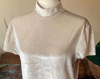 Vintage Velvet Short Sleeve Top - Silky Satin Mock Neck - Cool Tone Shimmery Beige / Frosty Cream - Medium