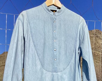 Vintage Chambray Workwear Inspired Shirt / Blouse - Liz Claiborne - Cotton Snap Down - Hong Kong - Large