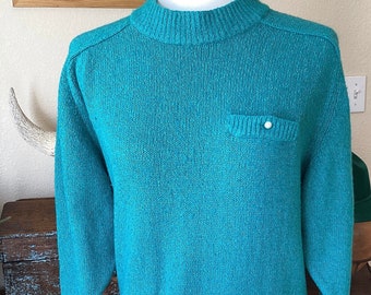 Vintage Turquoise Silk Blend Sweater - Pullover Crew - Pocket /  Pearl Button - Medium