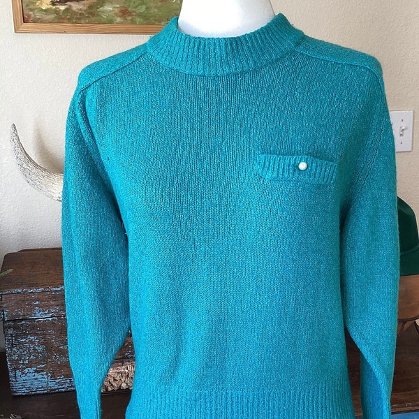 Vintage Turquoise Silk Blend Sweater - Pullover Crew - Pocket /  Pearl Button - Medium