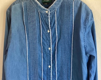 Vintage Lauren Jean Co - Chambray Shirt / Blouse - Classic Antique Workwear Inspired Ralph Lauren - Oversized