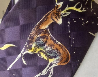 VIntage Wide Tie - Flower Land - Richley Of California - Hand Painted Deer /  Buck - Dead Stock / Gift