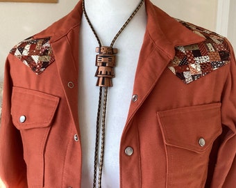Vintage Copper Kachina Bolo Tie / Braided Leather - Old Route 66 Souvenir- Western / Southwestern / Wanderlust