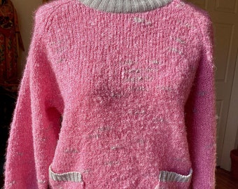 Vintage 70s Soft Acrylic / Mohair Sweater - Chunky / Plush Knit - Pink + Gray - Pullover / Pockets - Cotton Candy - Small - Medium