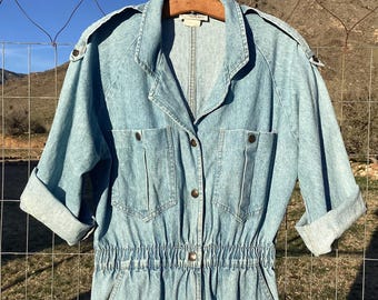 Vintage 80s Denim Coveralls / Jumper - Workwear Artist - Blue Mineral Wash / 100% Cotton - Medium