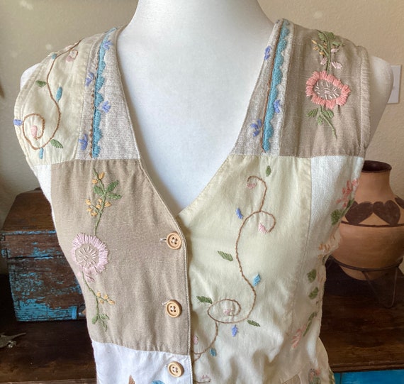 Patch Work Vest - Handmade - Pastel Embroidery Fl… - image 9