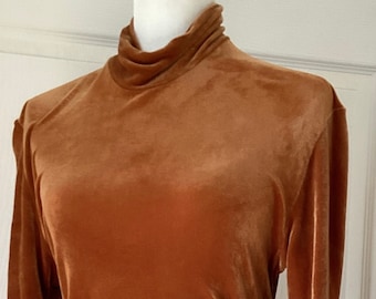 Vintage Velour Velvet Silky Top - Rust /  Terracotta - Long Mock Neck Half Sleeves - Bohemian / Wanderlust - Medium