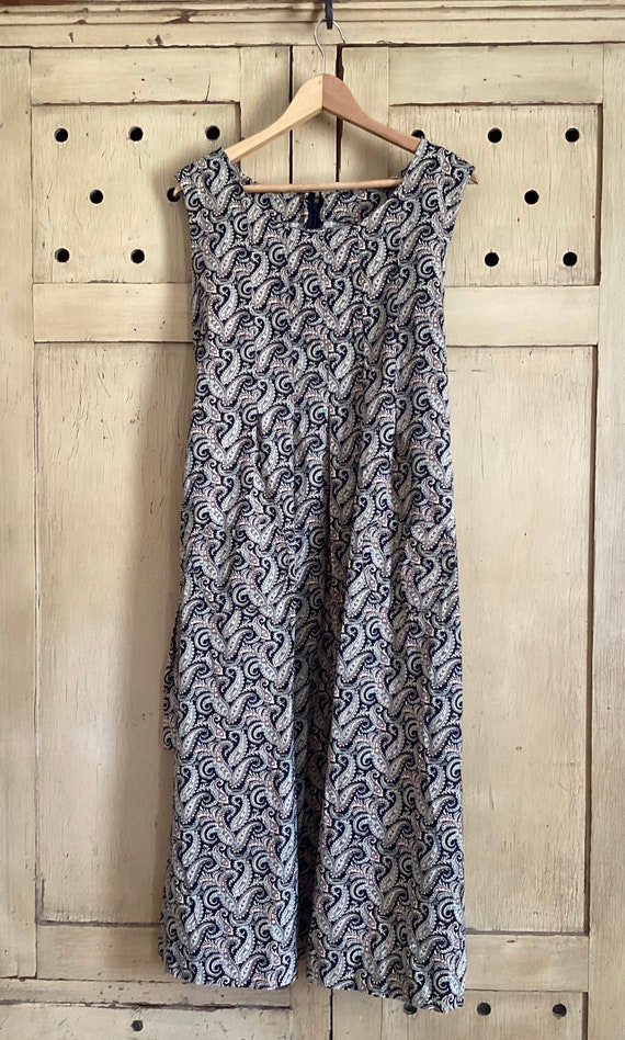 Women's Vintage Paisley Print Pleated Cotton and Linen Dress