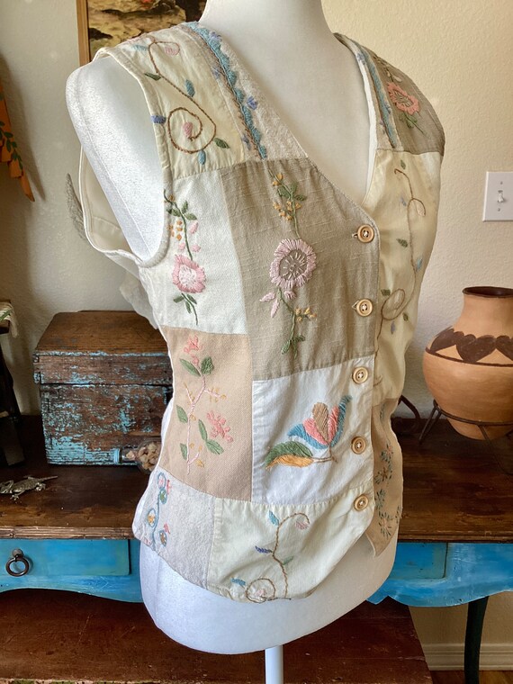 Patch Work Vest - Handmade - Pastel Embroidery Fl… - image 3