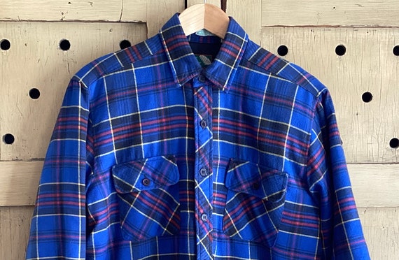 Vintage 60s 70s Blue Plaid Flannel Shirt - Single… - image 2