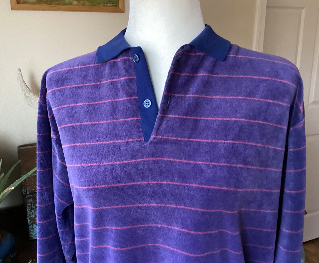 Vintage 70s Campus Velour / Velvet Purple Blue / Raspberry Stripes 100% ...