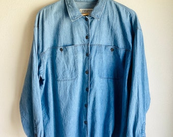 Vintage  Workwear Inspired Shirt / Blouse - 100% Cotton - Venezia - Button Down / Pockets  - Hong Kong - Oversized - X Large