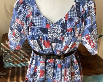 Vintage Country Patch Work Print Dress - Red White Blue - Western / Prairie - Calico Gingham Picnic - Small Medium