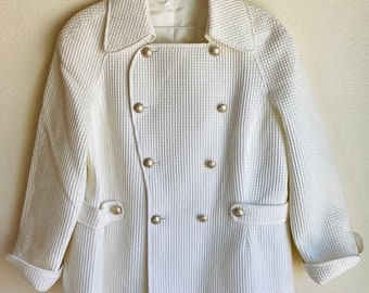 Vintage White Waffle Weave Blazer / Jacket - Military Style / Metal Buttons - Medium