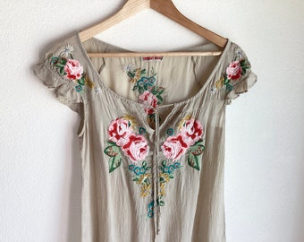 Vintage Jonny Was Peasant Blouse - Beautiful Floral Embroidery Sheer Rayon Crepe - XS