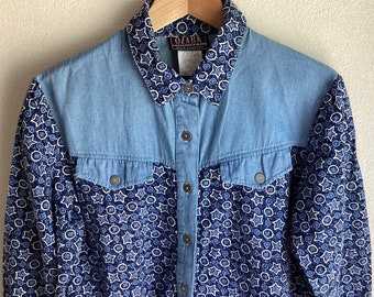Vintage Ozark Mountain Western Shirt - 100% Cotton - Blue Star Pattern - Southwestern Rodeo Cowgirl - USA -  Small / Medium