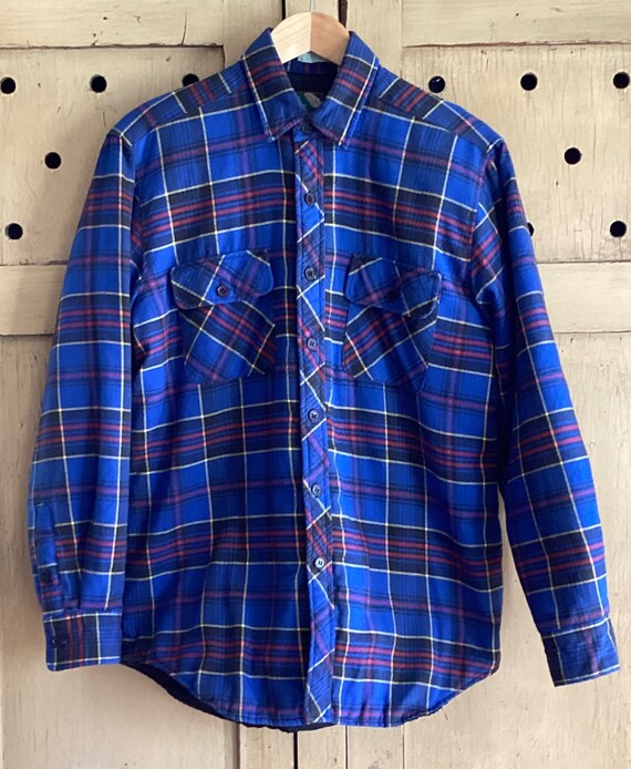 Vintage 60s 70s Blue Plaid Flannel Shirt - Single… - image 8