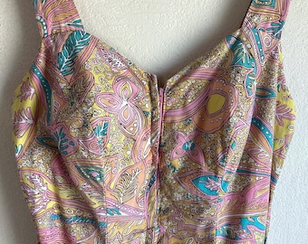 Vintage 70s Paisley Floral Romper / One Piece Bathing Suit  - 100% Cotton - Zip Up / Ties - Retro Hippie - Small - Medium
