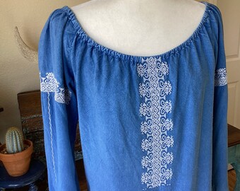 Vintage Peasant Blouse - Santa Fe Blue /  Criss Cross Embroidery -Southwestern Prairie Wanderlust - India - Free Size