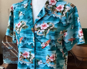 Vintage 100% Cotton Hawaiian Shirt -  Coconut Shell  Buttons /  Teal  Blue Pink - Hawaii USA  - Small Medium