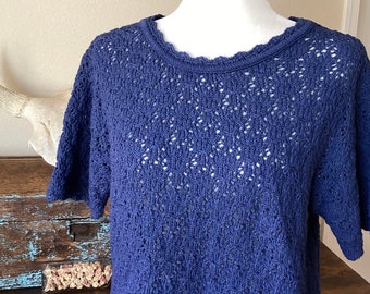 Vintage Crochet Cotton Forever T Shirt / Top - Up Cycle - Indigo Blue Cotton -  Medium