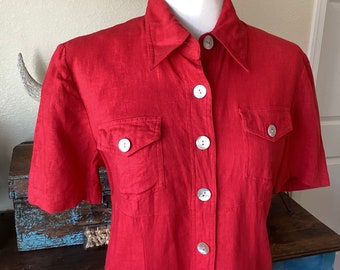 Hot Pepper Red - Vintage Linen Blend Maxi / Shirt Dress - Abalone Button Down -  Southwestern / Tucson Market / Western - Medium