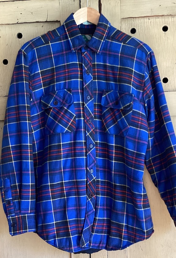 Vintage 60s 70s Blue Plaid Flannel Shirt - Single… - image 7