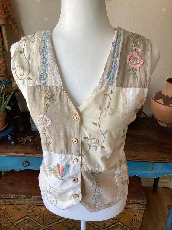 Patch Work Vest - Handmade - Pastel Embroidery Fl… - image 4