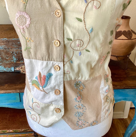 Patch Work Vest - Handmade - Pastel Embroidery Fl… - image 2