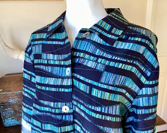 Vintage Silk Duster / Layer - Button Down - Hand Embellished Turquoise seed beads -  Large - X Large