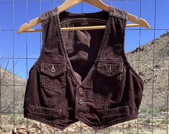 Vintage Corduroy Vest / Crop - 100% Cotton - 4 Pockets / Rivets / Cinch Back - Retro Western Hippie - Small Medium