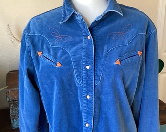 Vintage Five Star Roper Western Shirt - 100% Cotton - Blue / Orange - Snap Down / Pockets - Medium